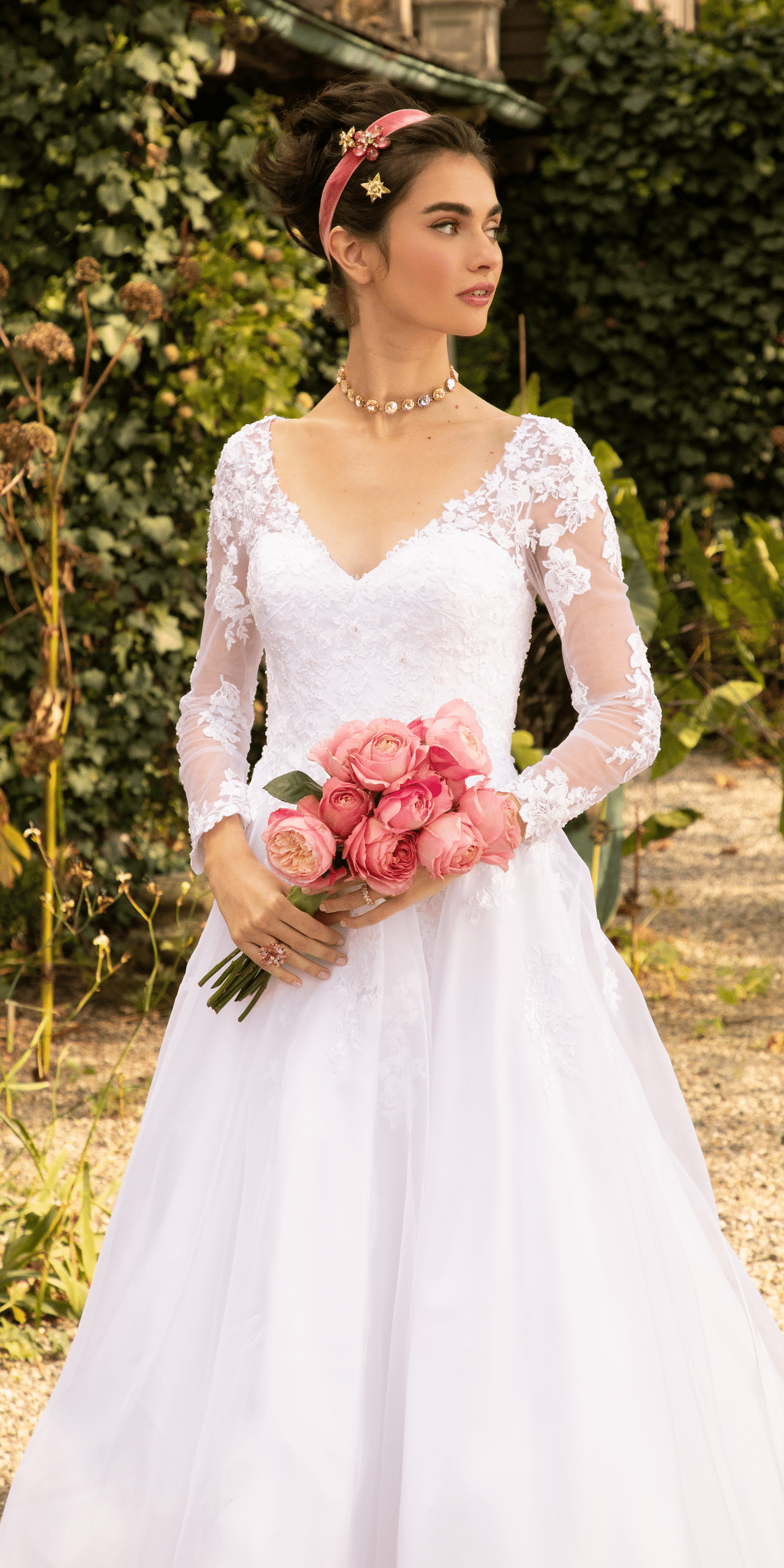 white/size/4/missy/Camille La Vie/Organza V Neck Long Sleeve Lace Up Back Ballgown with Embellished Appliques /alt