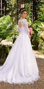 white/size/4/missy/Camille La Vie/Organza V Neck Long Sleeve Lace Up Back Ballgown with Embellished Appliques /back