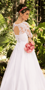 white/size/4/missy/Camille La Vie/Organza V Neck Long Sleeve Lace Up Back Ballgown with Embellished Appliques /back alt