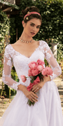 white/size/4/missy/Camille La Vie/Organza V Neck Long Sleeve Lace Up Back Ballgown with Embellished Appliques /close up