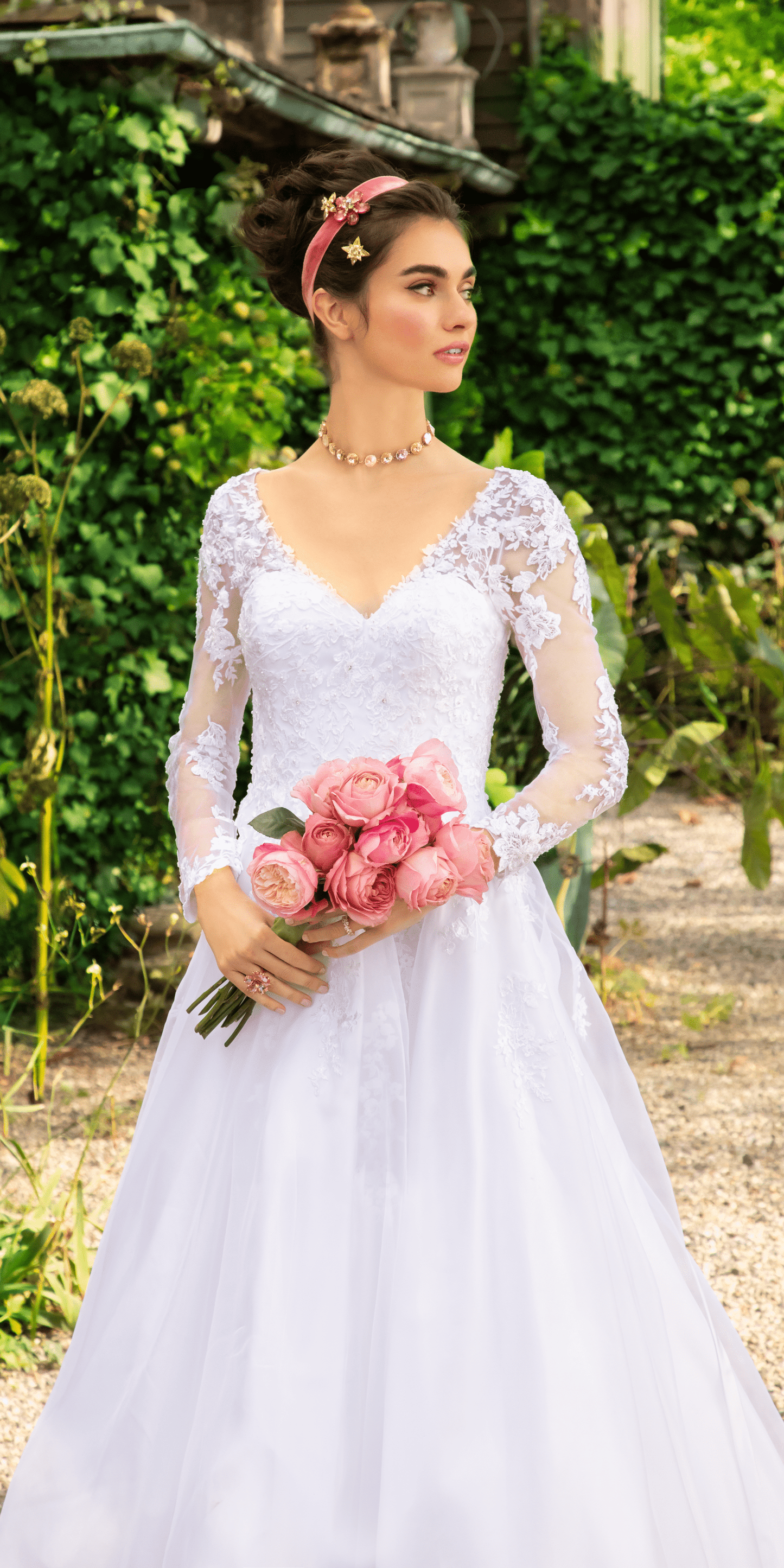 white/size/4/missy/Camille La Vie/Organza V Neck Long Sleeve Lace Up Back Ballgown with Embellished Appliques /lifetime