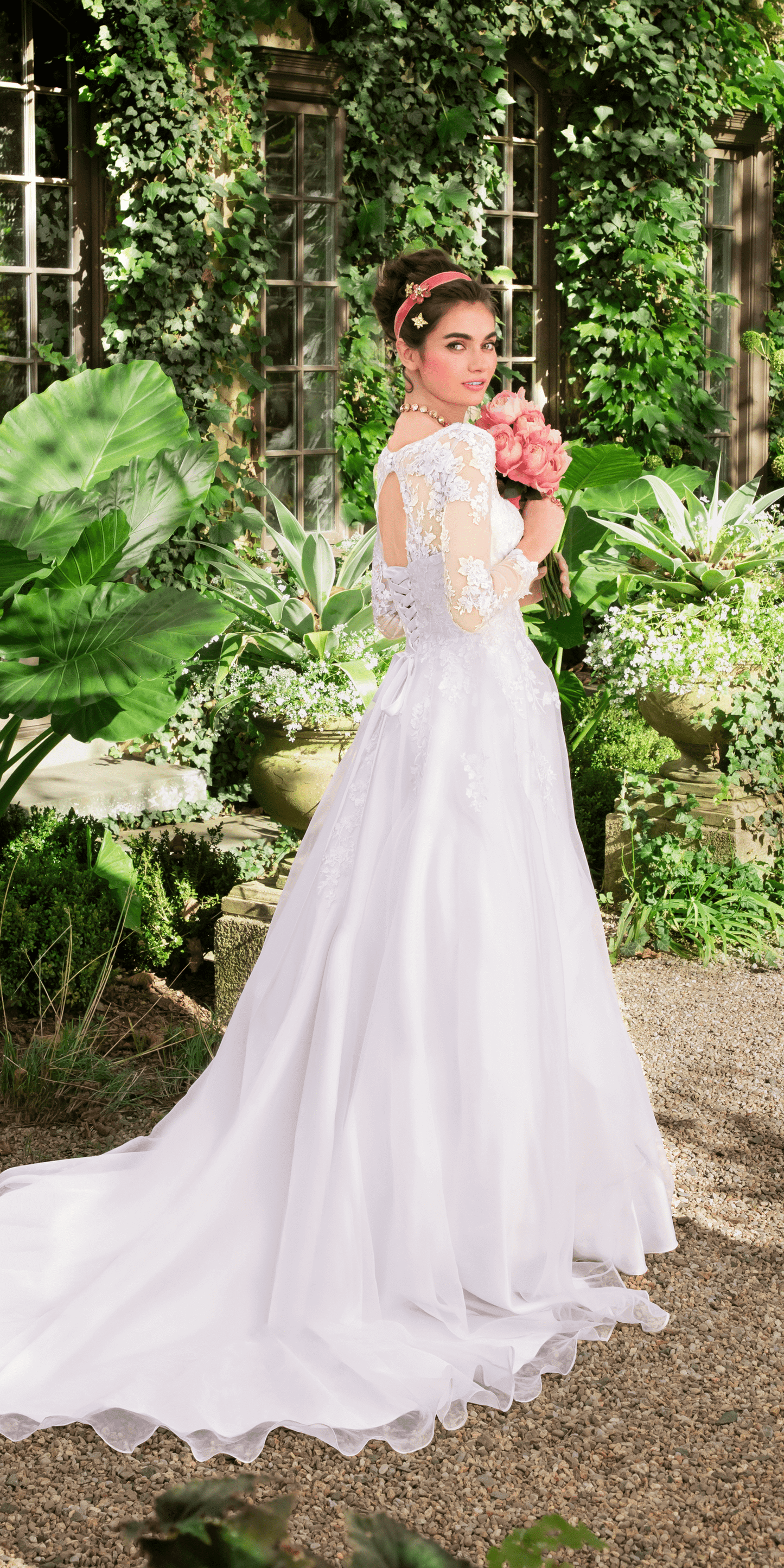 white/size/4/missy/Camille La Vie/Organza V Neck Long Sleeve Lace Up Back Ballgown with Embellished Appliques /lifestyle back