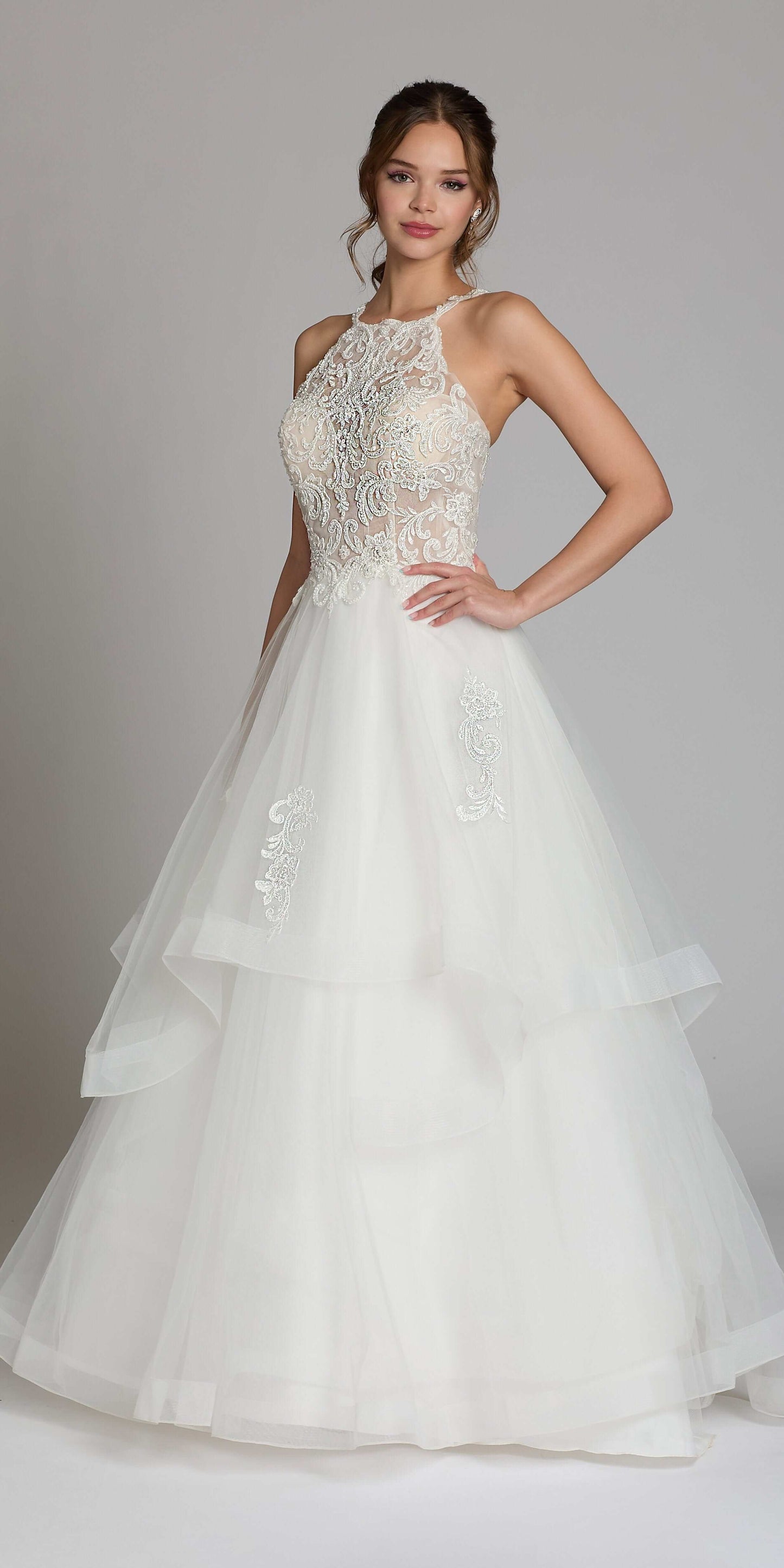 ivory/size/4/missy/Camille La Vie/Beaded Lace Applique Cleo Neck Tulle Tiered Ballgown /alt
