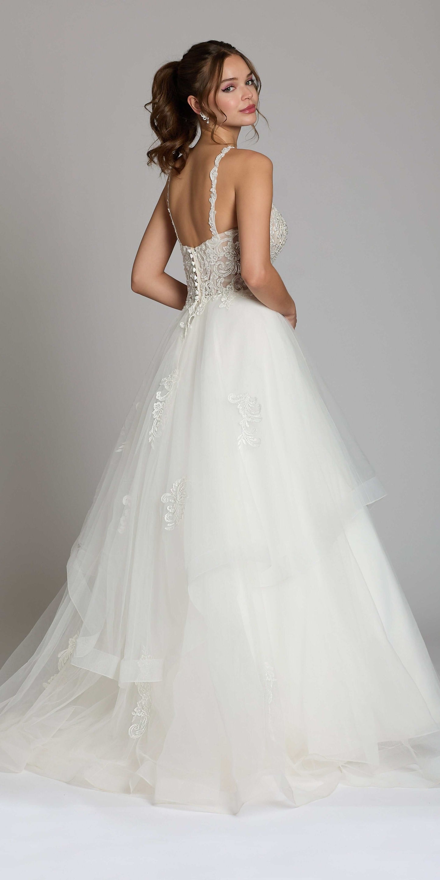ivory/size/4/missy/Camille La Vie/Beaded Lace Applique Cleo Neck Tulle Tiered Ballgown /back
