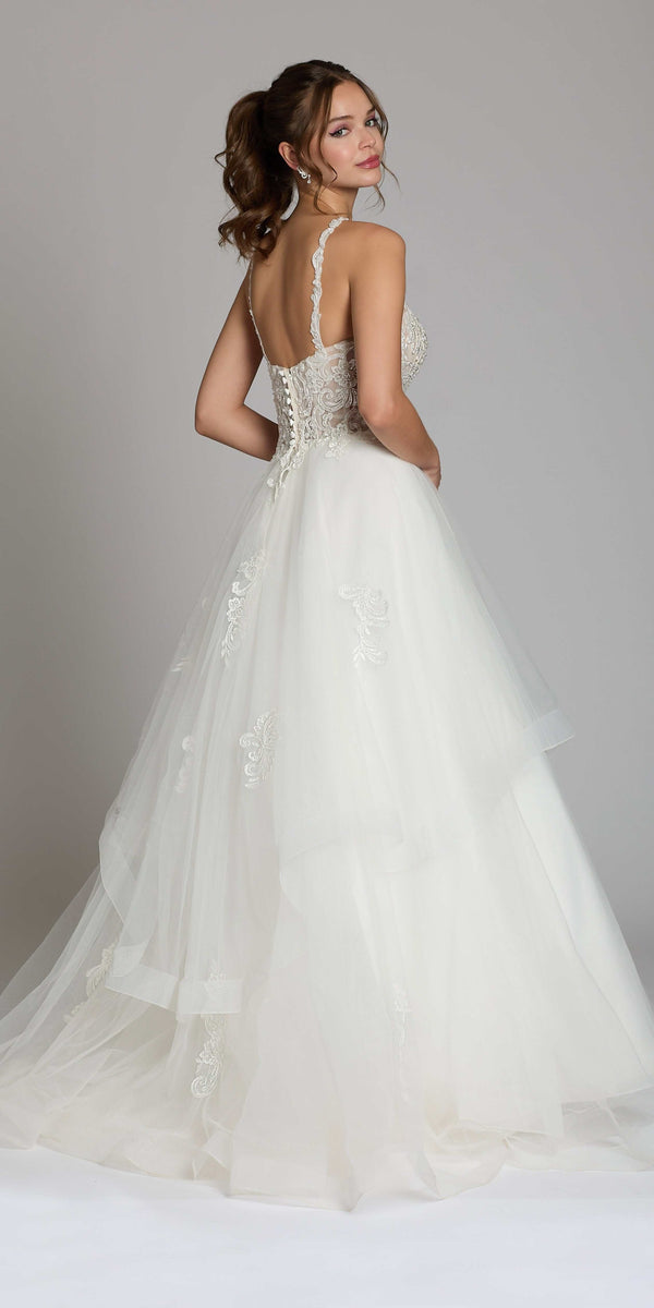 ivory/size/4/missy/Camille La Vie/Beaded Lace Applique Cleo Neck Tulle Tiered Ballgown /back