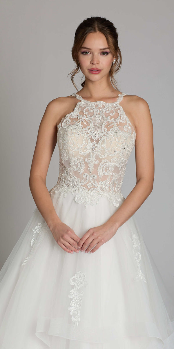 ivory/size/4/missy/Camille La Vie/Beaded Lace Applique Cleo Neck Tulle Tiered Ballgown /close up