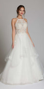 ivory/size/4/missy/Camille La Vie/Beaded Lace Applique Cleo Neck Tulle Tiered Ballgown /front 