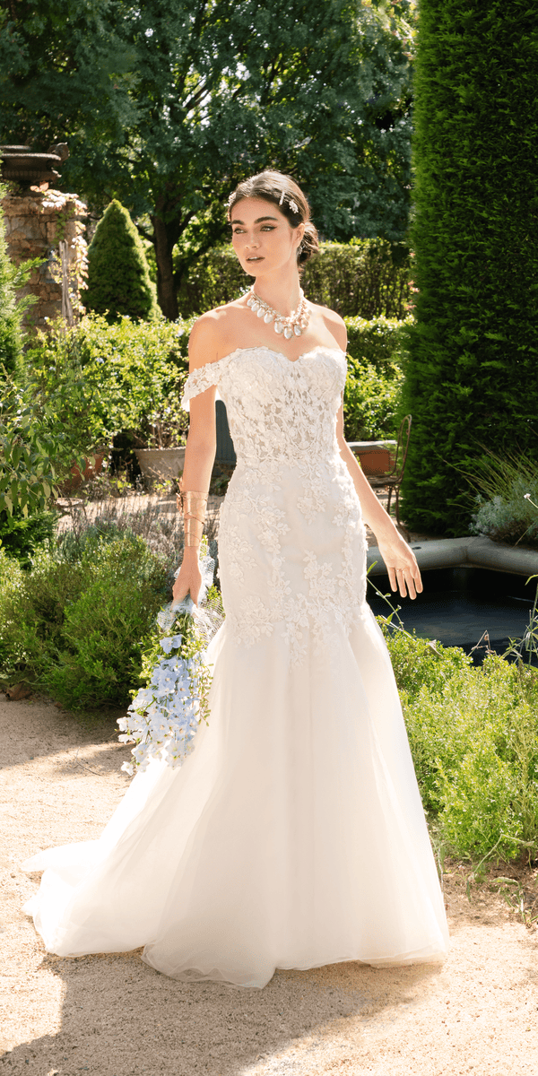 Floral Applique Off the Shoulder Glitter Tulle Mermaid Dress - Camille La Vie