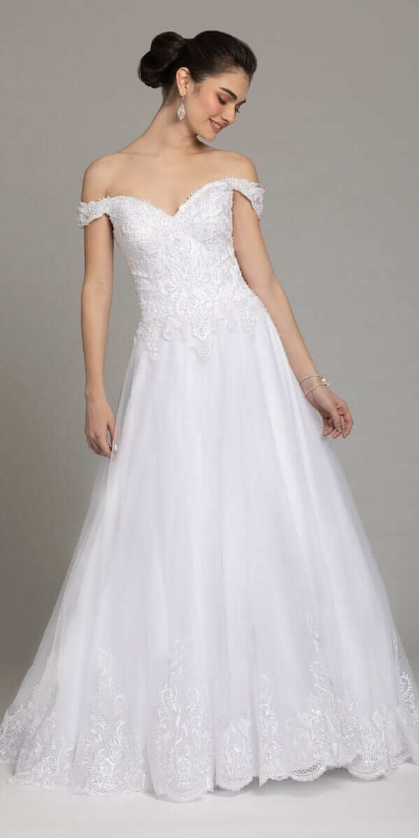 Off The Shoulder Lace Satin A-Line Gown - Camille La Vie