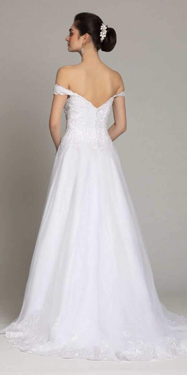 Off The Shoulder Lace Satin A-Line Gown - Camille La Vie