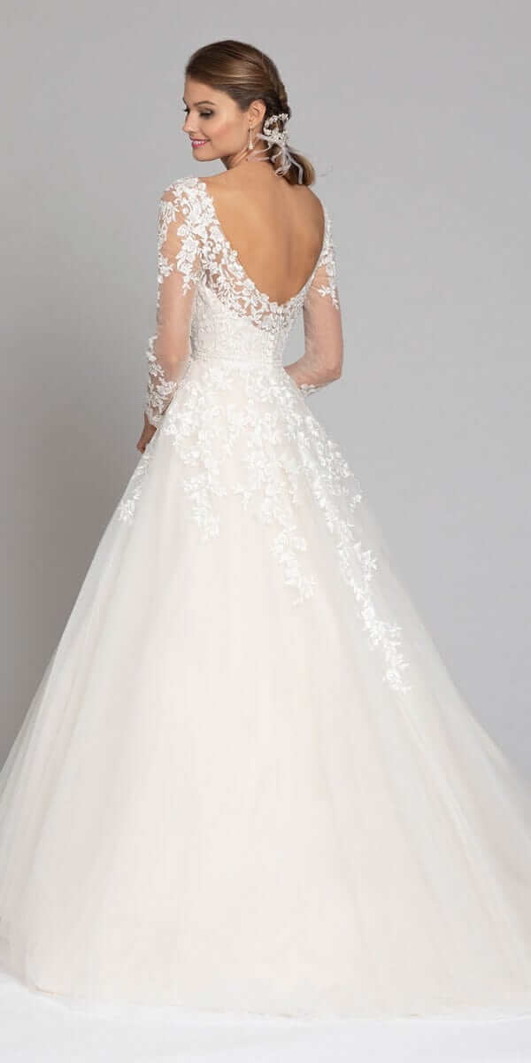 Long Sleeve Illusion Embroidered Tulle Ballgown - Camille La Vie