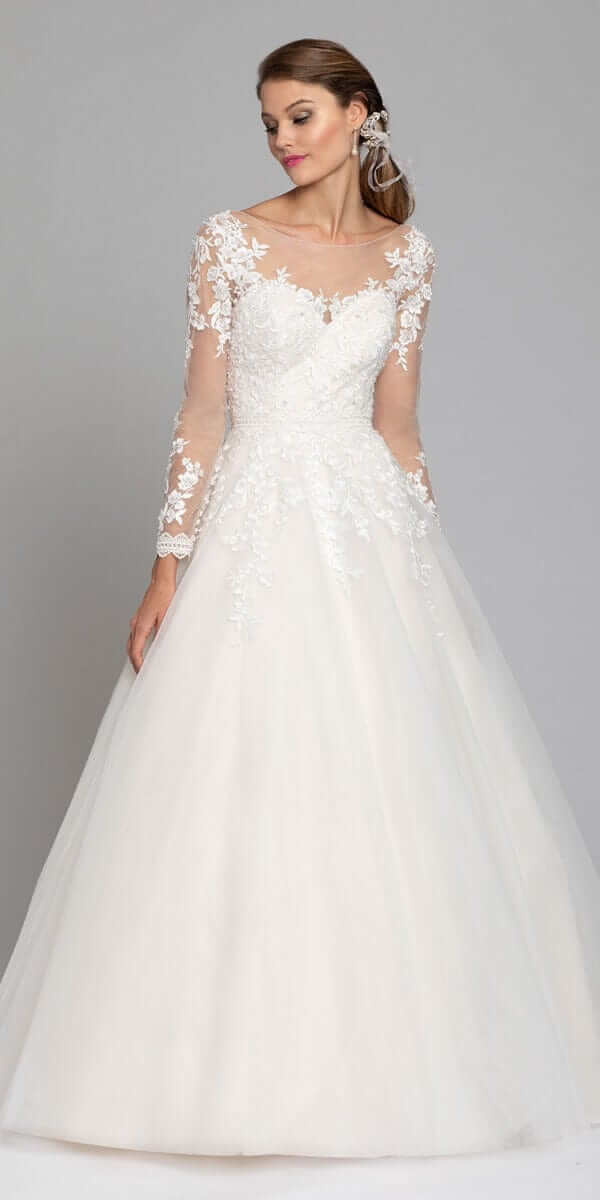 Long Sleeve Illusion Embroidered Tulle Ballgown - Camille La Vie