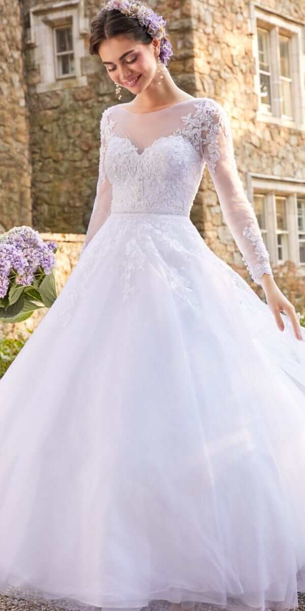 Long Sleeve Illusion Embroidered Tulle Ballgown - Camille La Vie