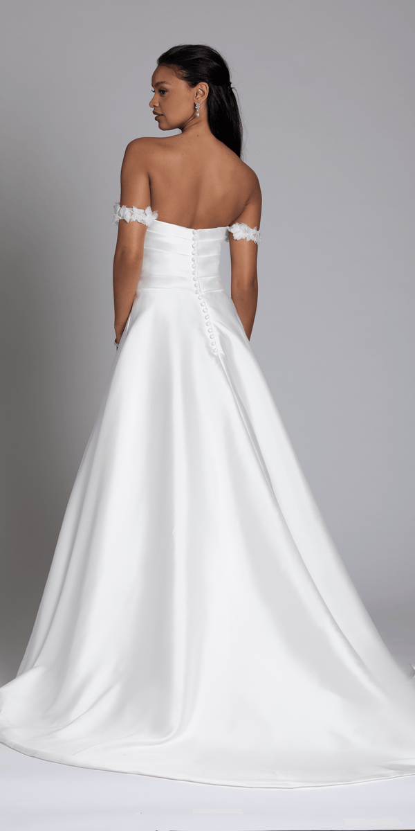 ivory/size/4/missy/Camille La Vie/Mikado Off the Shoulder Pleated Bodice Ballgown with Pockets /back