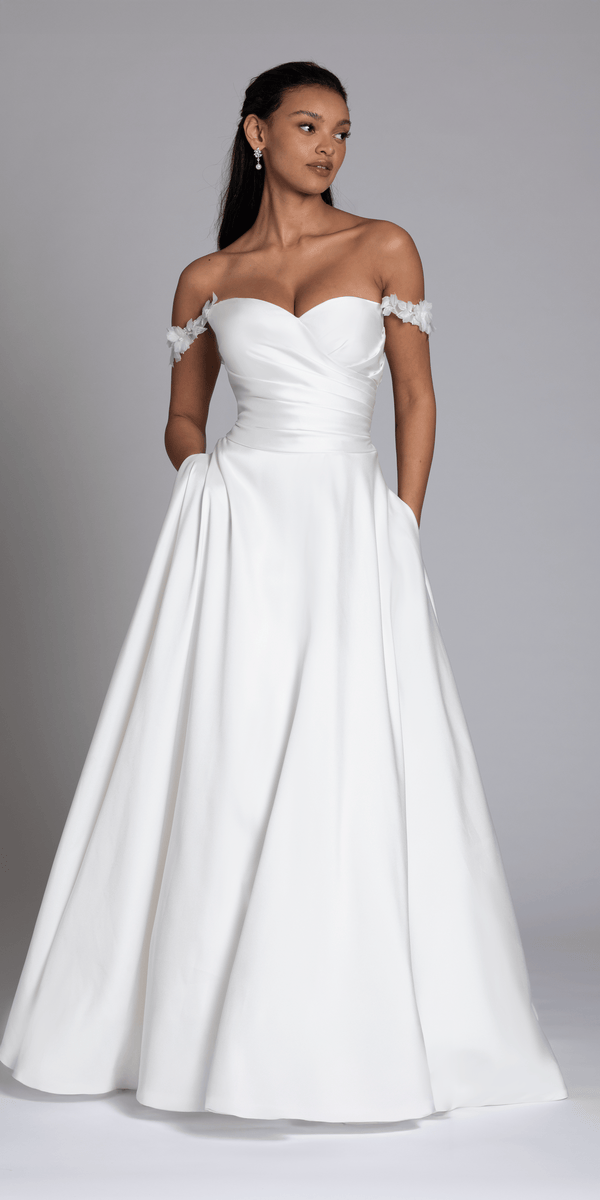 ivory/size/4/missy/Camille La Vie/Mikado Off the Shoulder Pleated Bodice Ballgown with Pockets /front