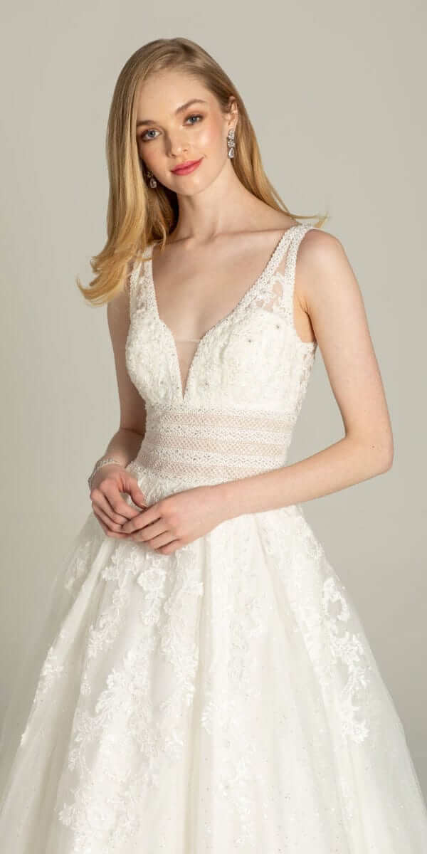 Glitter Embroidered Plunging Box Pleat Tulle Ballgown - Camille La Vie