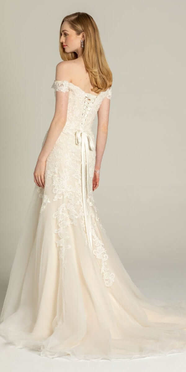 ivory/size/4/ missy/Camille La Vie/Off the Shoulder Embroidered Corset Trumpet Dress /back