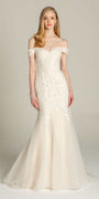 ivory/size/4/ missy/Camille La Vie/Off the Shoulder Embroidered Corset Trumpet Dress /front