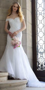white/size/4/ missy/Camille La Vie/Off the Shoulder Embroidered Corset Trumpet Dress /front