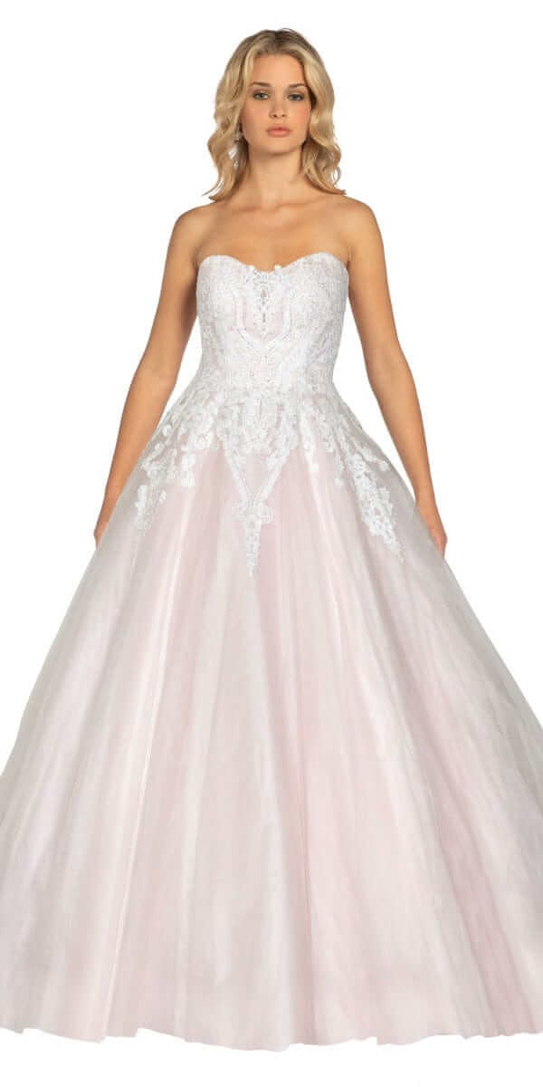 ivory-pink/size/4/ missy/ Camille La vie/Embellished Embroidered Strapless Tulle Ballgown /front2