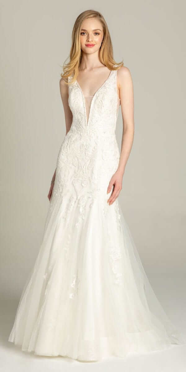 ivory/ size/4/ missy/ Camille La Vie/Rhinestone Studded Embroidered Plunging Glitter Trumpet Dress/front