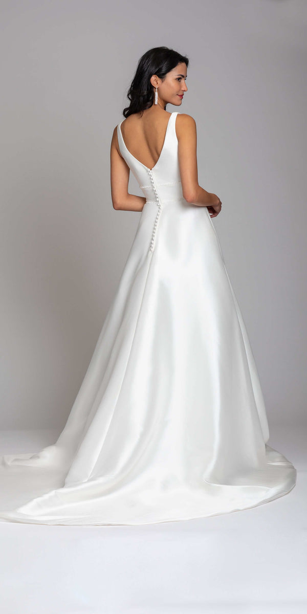 Mikado Plunging Button Back Ballgown with Cathedral Train - Camille La Vie