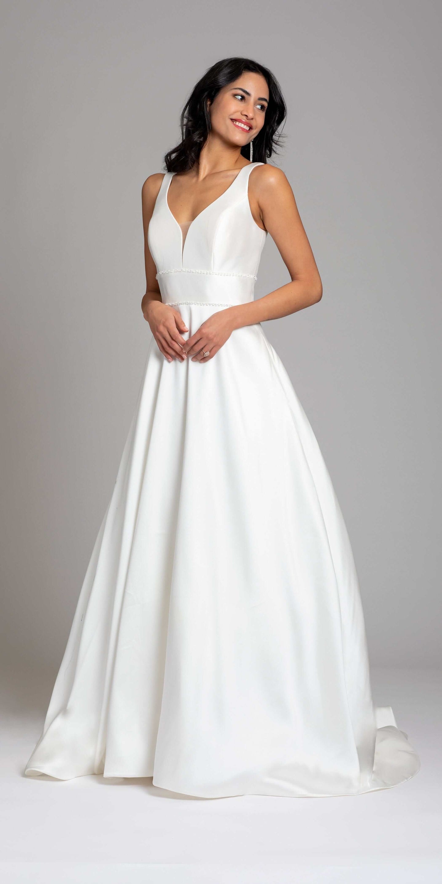 Mikado Plunging Button Back Ballgown with Cathedral Train - Camille La Vie