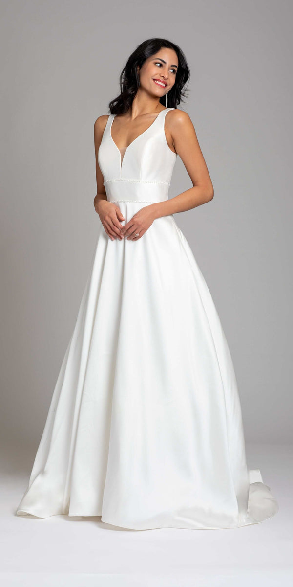 Mikado Plunging Button Back Ballgown with Cathedral Train - Camille La Vie