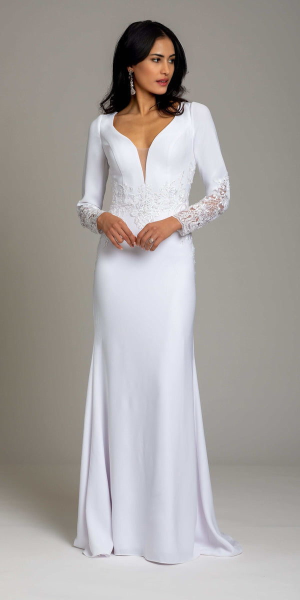 Crepe Embroidered Long Sleeve Illusion Back Column Dress - Camille La Vie