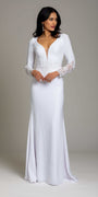 Crepe Embroidered Long Sleeve Illusion Back Column Dress - Camille La Vie