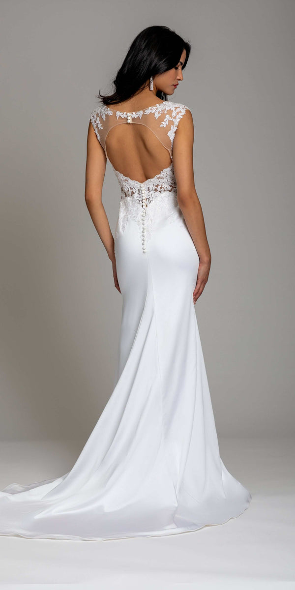 white/size/4/missy/ Camille La Vie/Embellished Illusion Keyhole Cap Sleeve Satin Trumpet Dress /back 1