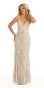 Pearl Sequin Plunging Mesh Lace Up Back Column Dress - Camille La Vie
