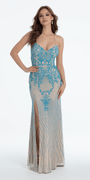 Strappy Back Mesh Beaded Sweetheart Column Dress - Camille La Vie