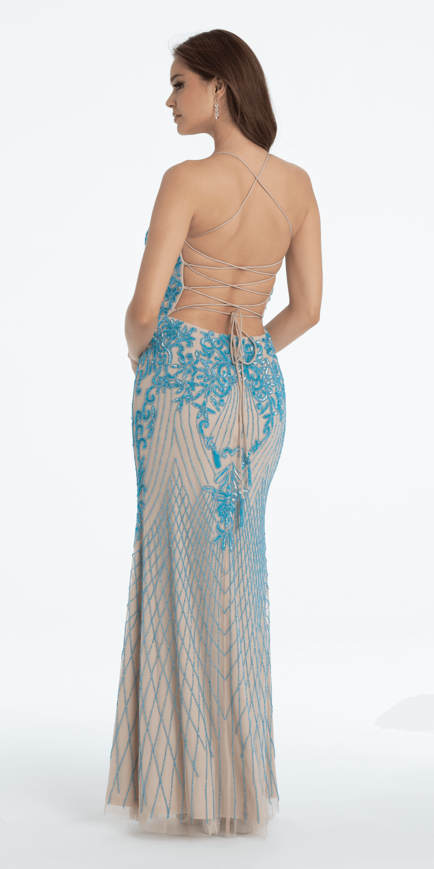 Strappy Back Mesh Beaded Sweetheart Column Dress - Camille La Vie