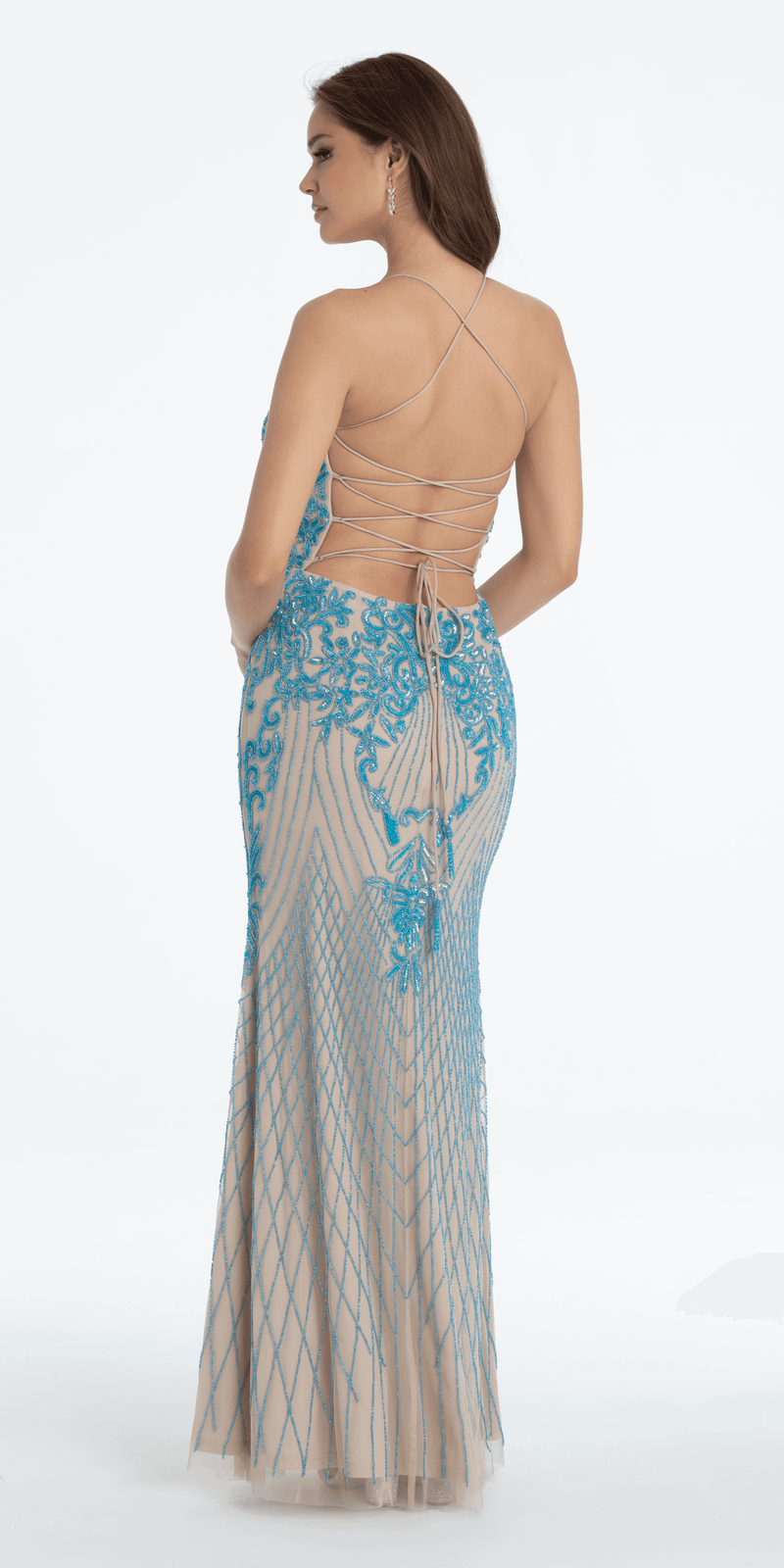 Strappy Back Mesh Beaded Sweetheart Column Dress - Camille La Vie