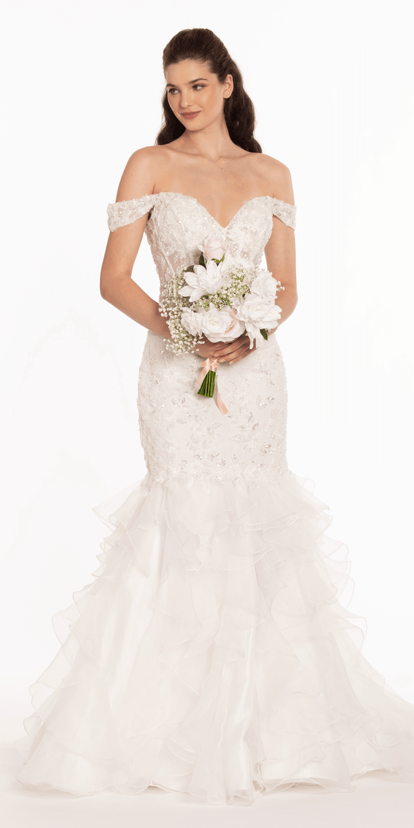 Off the Shoulder Lace Applique Corset Mermaid Dress - Camille La Vie