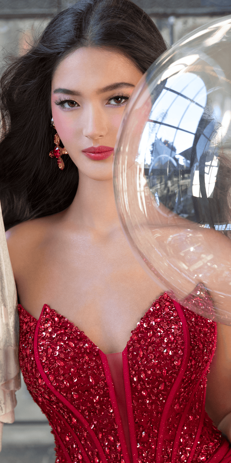 dark-red/size/4/missy/Camille La Vie/Glitter Knit Embellished Sweetheart Corset Trumpet Dress with Ruching /close up