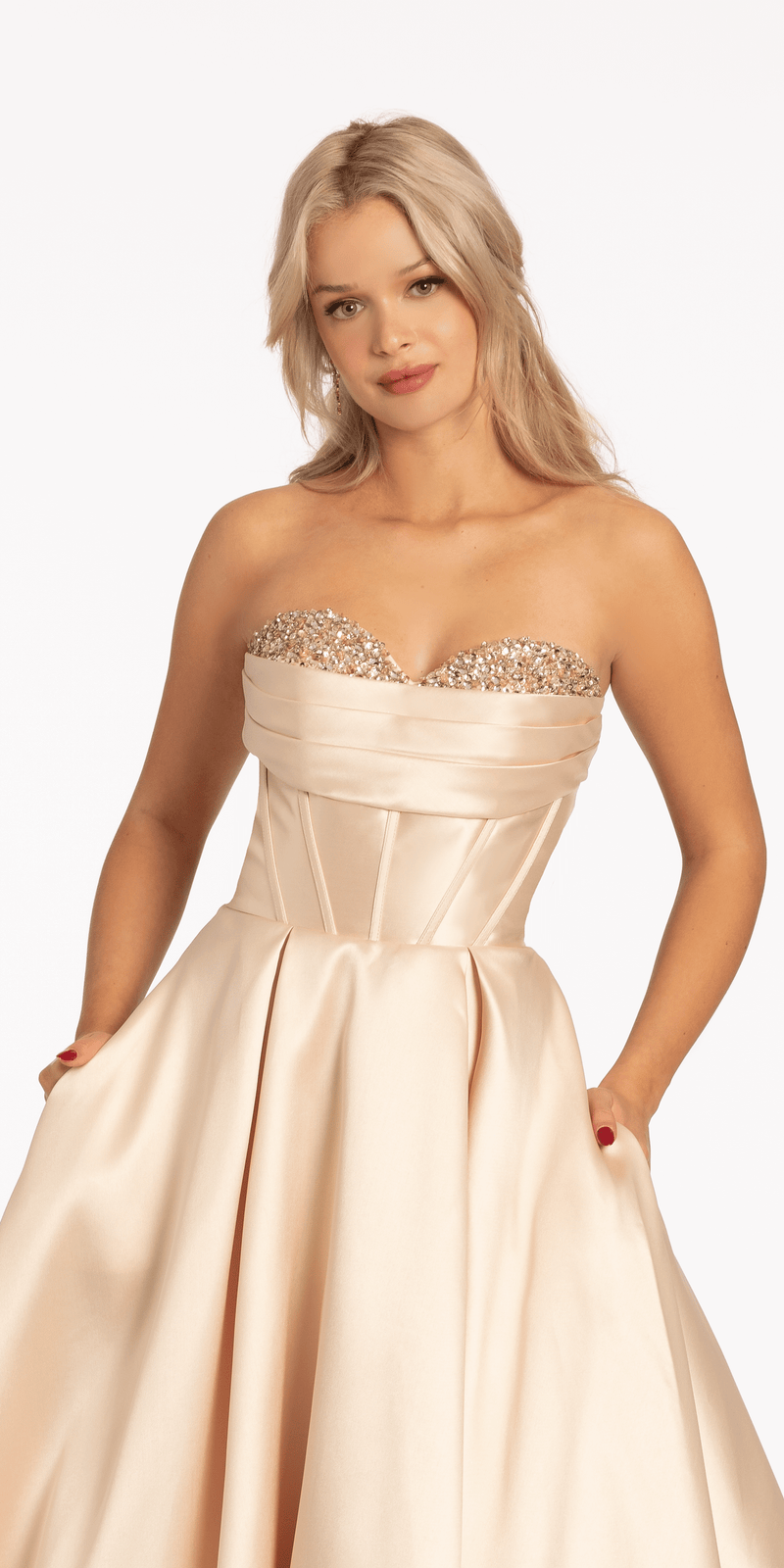 Pleated Mikado Beaded Ballgown with Pockets - Camille La Vie