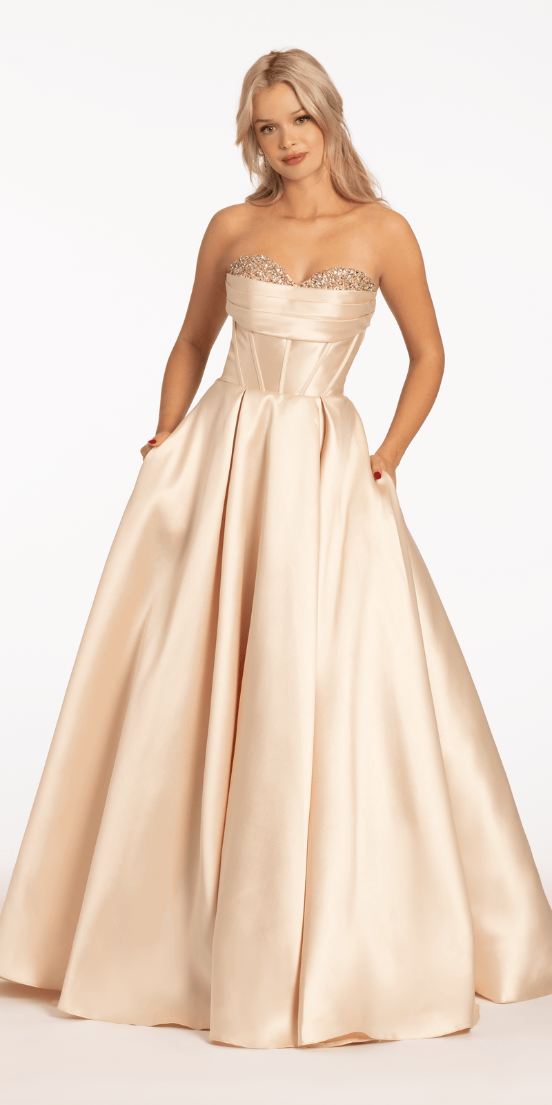 Pleated Mikado Beaded Ballgown with Pockets - Camille La Vie