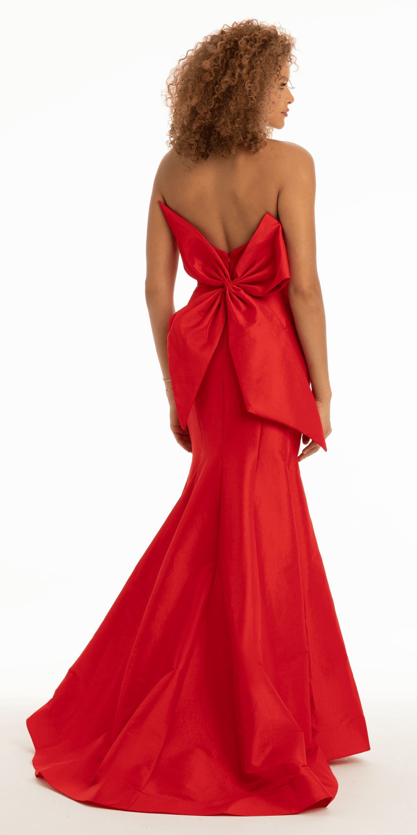 Strapless Taffeta Mermaid Dress with Back Bow Detail - Camille La Vie