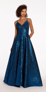 Plunging Metallic Beaded Jacquard Ballgown with Pockets - Camille La Vie