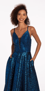 Plunging Metallic Beaded Jacquard Ballgown with Pockets - Camille La Vie