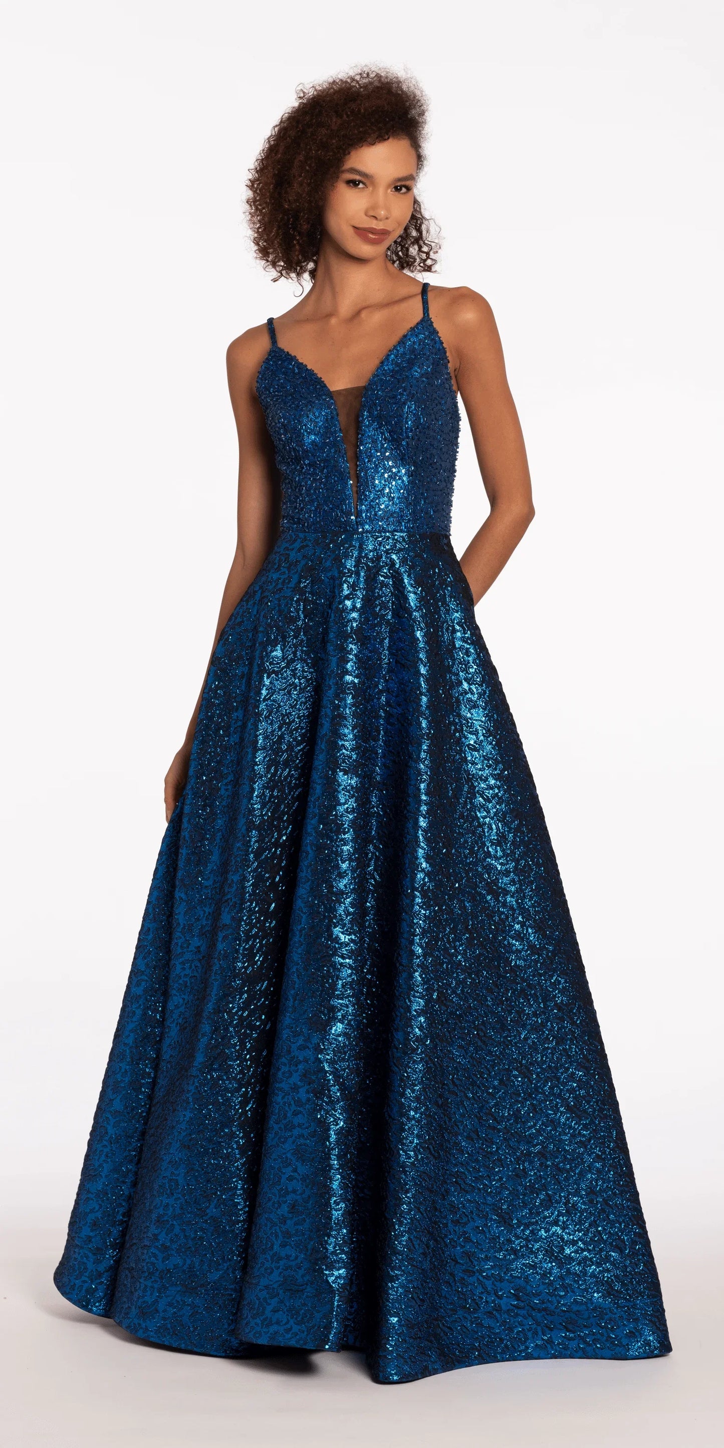 sapphire/size/4/missy/Camille La Vie/Plunging Metallic Beaded Jacquard Ballgown with Pockets/front1
