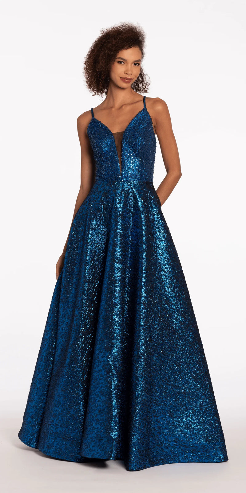 sapphire/size/4/missy/Camille La Vie/Plunging Metallic Beaded Jacquard Ballgown with Pockets/front1