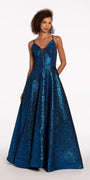 sapphire/size/4/missy/Camille La Vie/Plunging Metallic Beaded Jacquard Ballgown with Pockets/front1
