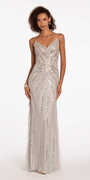 V Back Crossover Beaded Mesh Column Dress with Sheer Side Panels - Camille La Vie