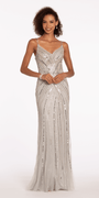 V Back Crossover Beaded Mesh Column Dress with Sheer Side Panels - Camille La Vie