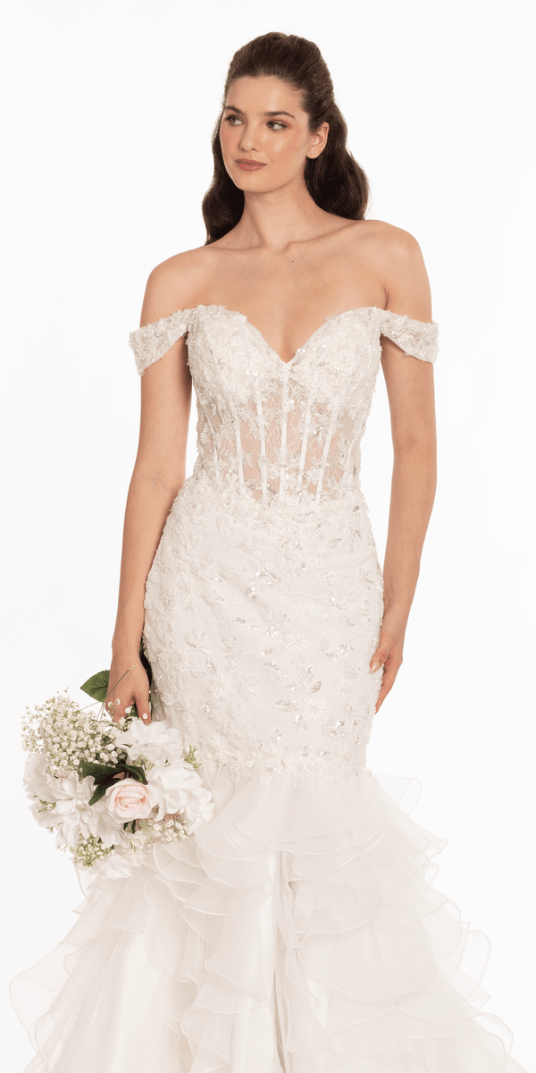 Off the Shoulder Lace Applique Corset Mermaid Dress - Camille La Vie