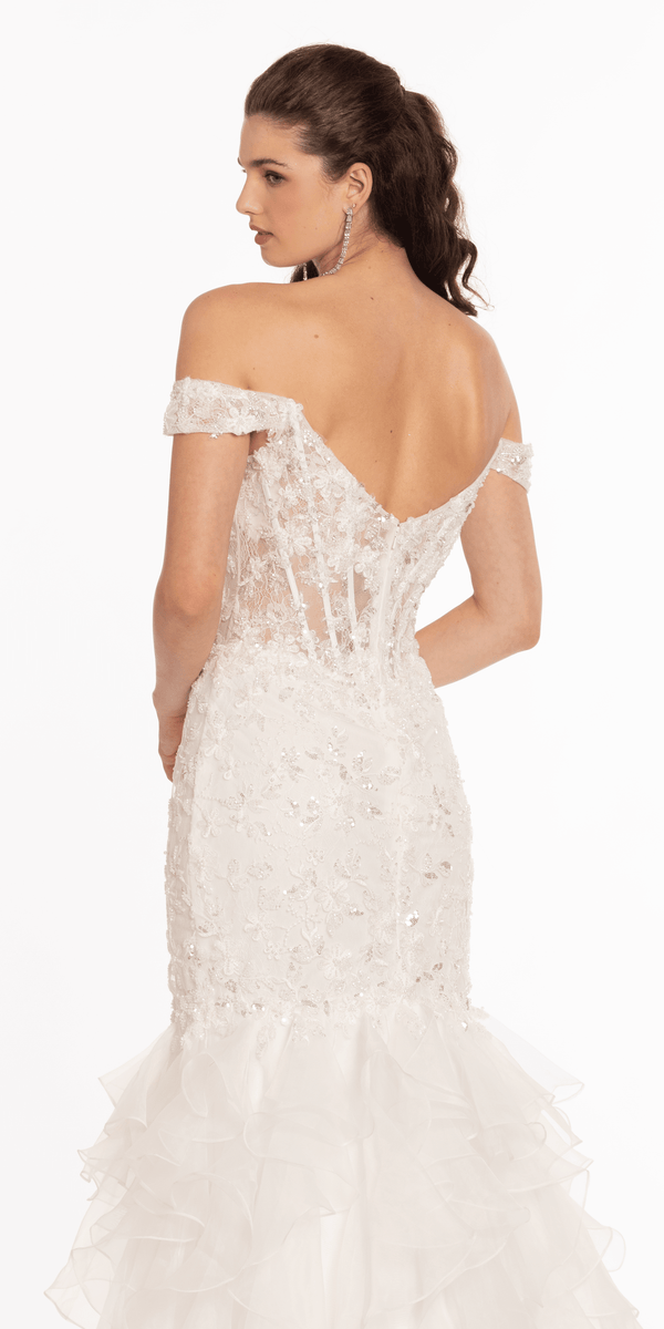 Off the Shoulder Lace Applique Corset Mermaid Dress - Camille La Vie