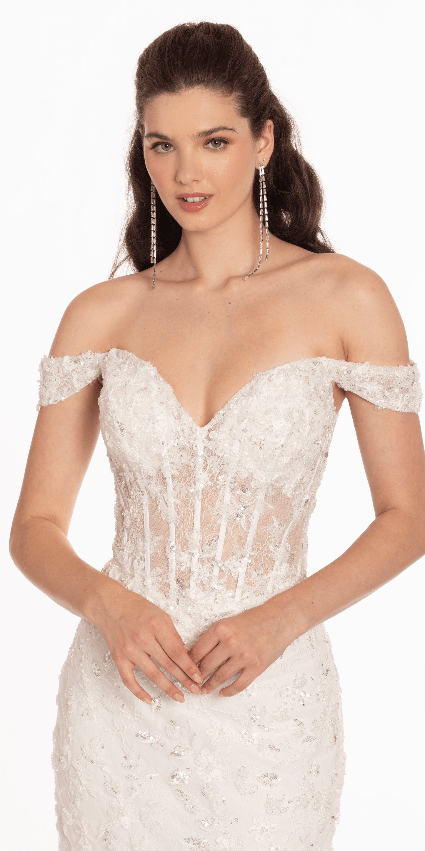 Off the Shoulder Lace Applique Corset Mermaid Dress - Camille La Vie